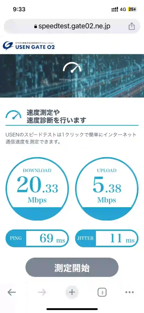 (ahamo)読谷村長浜スピードテストUSEN。下り20.33Mbps 。上り5.38Mbps 。