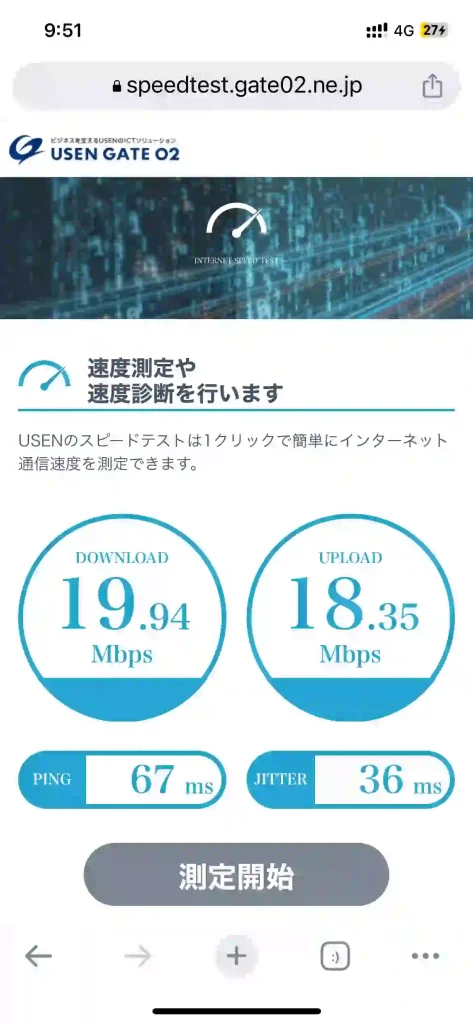 (ahamo)読谷村高志保スピードテストUSEN。下り19.94Mbps 。上り18.35Mbps 。