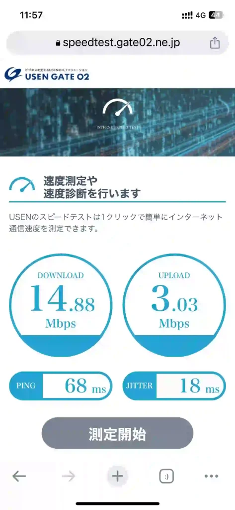 (ahamo)沖縄市登川スピードテストUSEN。下り14.88Mbps 。 上り3.03Mbps 。