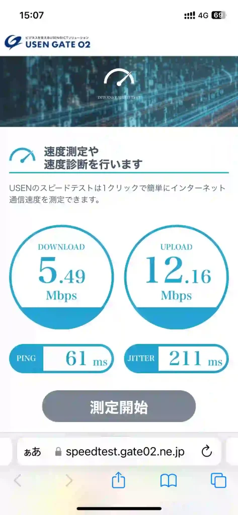 (ahamo4G)沖縄市中央スピードテストUSEN。下り5.49Mbps 。上り12.16Mbps 。