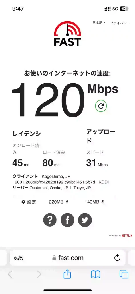 (povo)浦添市当山スピードテストfast.com。 下り120Mbps 。 上り31Mbps 。