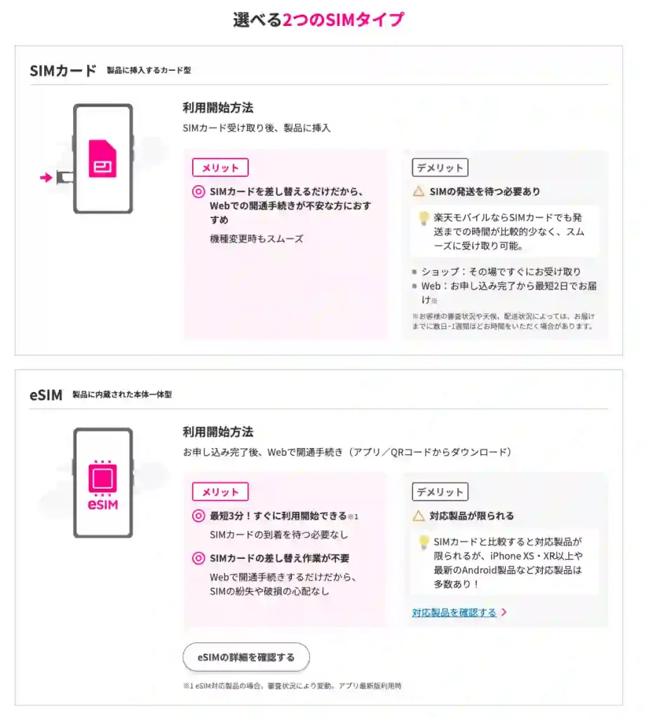 楽天モバイル公式サイトSIMカード選択ページ 文：選べる2つのSIMタイプ
