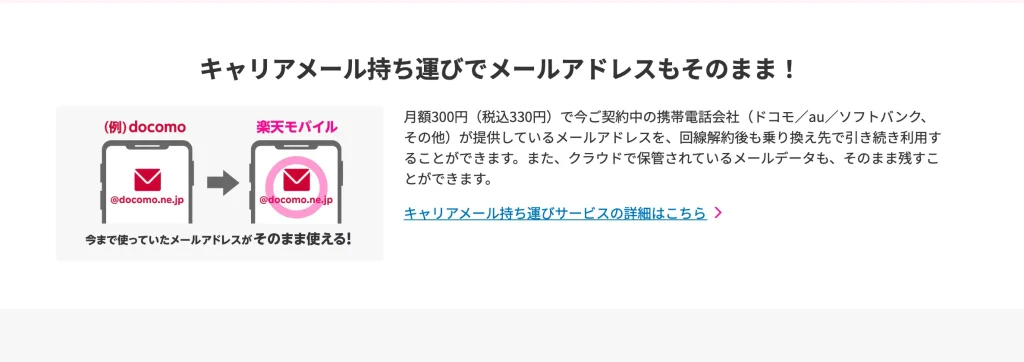 楽天モバイル公式サイトメール持ち運びサービス キャリアメール持ち運びでメールアドレスもそのまま！ 月額300円（税込330円）で今ご契約中の携帯電話会社（ドコモ／au/ソフトバンク、その他）が提供しているメールアドレスを、回線解約後も乗り換え先で引き続き利用することができます。また、クラウドで保管されているメールデータも、そのまま残すことができます。