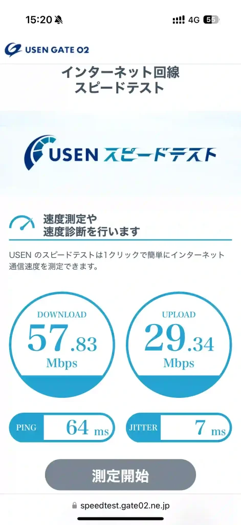 (楽天モバイル)西原町小波津スピードテストUSEN。下り57.83Mbps 。上り29.34Mbps 。
