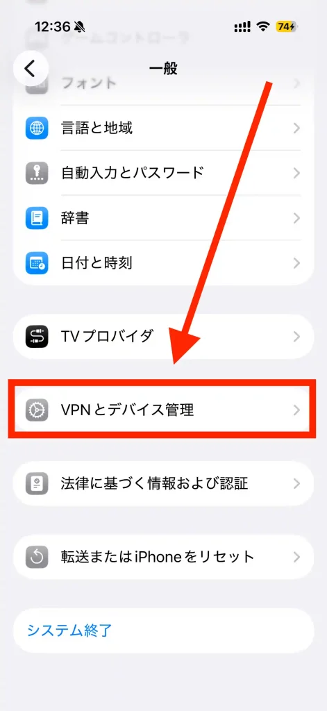 iPhone設定画面VPNとデバイス管理。