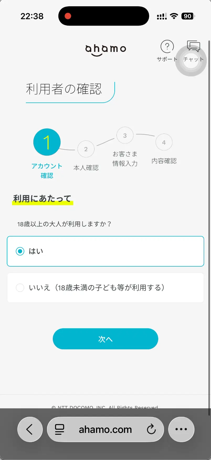 ahamo申し込み画面利用者の確認。 18歳以上の大人が利用するか否か。