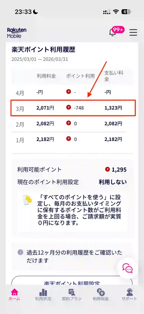 楽天モバイル楽天ポイント利用履歴。