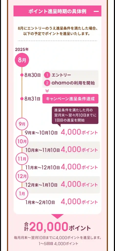 ahamoキャンペーンポイント進展時期の例。